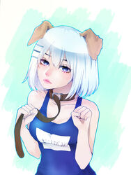  animal_ears arms_up bad_deviantart_id bad_id belt belt_collar blue_eyes blue_one-piece_swimsuit breasts brown_belt closed_mouth collar collarbone commentary competition_swimsuit date_a_live dog_ears english_commentary female frown hair_between_eyes hair_ornament hairclip hands_up highres lips looking_at_viewer medium_breasts name_tag one-piece_swimsuit paw_pose photoshop_(medium) school_swimsuit shari_cote solo swimsuit tobiichi_origami white_hair 