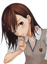  bangs brown_eyes brown_hair close-up coin crest female fuyukawa_motoi hair_ornament hairclip high_resolution misaka_mikoto official_art open_mouth scan school_uniform short_hair simple_background solo to_aru_majutsu_no_index uniform very_high_resolution white_background wink 