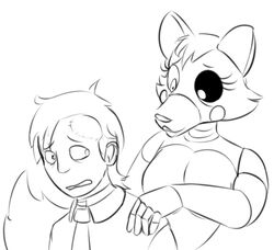  animatronic anthro breasts canid canine cleavage clothed clothing duo featureless_breasts female five_nights_at_freddy&#039;s five_nights_at_freddy&#039;s_2 fox frown hand_on_shoulder human jeremy_fitzgerald looking_back machine male mammal mangle_(fnaf) monochrome necktie robot scar scottgames smile vawfag worried 