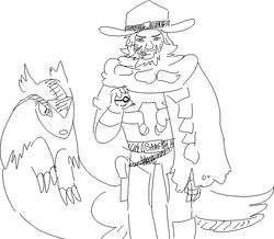  ambiguous_gender beard black_and_white blizzard_entertainment cigar claws clothing cole_cassidy cowboy crossover duo facial_hair feral generation_3_pokemon hat headgear headwear human humor linoone male mammal monochrome nintendo overwatch pokeball pokemon pokemon_(species) pun wonkyaim 