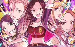  5girls :d arm_up banchou belt black_hair blonde_hair breasts brown_hair commentary_request crop_top delinquent earrings enjin_(idolmaster) fujimoto_rina green_eyes grey_eyes grin hair_slicked_back idolmaster idolmaster_cinderella_girls idolmaster_cinderella_girls_starlight_stage jewelry kimura_natsuki large_breasts long_hair looking_at_viewer matsunaga_ryo midriff mukai_takumi multiple_girls navel oerba_yun_fang open_mouth parted_lips pendant red_eyes sako_misaki smile strapless tube_top v v-shaped_eyebrows yamato_aki yellow_eyes zipper zipper_pull_tab 