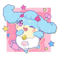  1:1 anthro blue_body blue_fur blush blush_stickers canid canine clothed clothing cocotama eyelashes female flower fur himitsu_no_cocotama kanna_(cocotama) looking_at_viewer mammal mei_(artist) one_eye_closed open_mouth open_smile plant purple_eyes semi-anthro smile solo star wink 