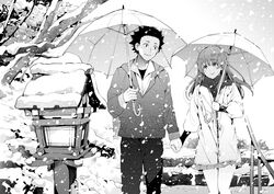  1boy azukiko blush commentary couple female greyscale hatching_(texture) holding holding_hands holding_umbrella ishida_shouya jacket koe_no_katachi lamppost leaf long_hair looking_at_another monochrome nishimiya_shouko outdoors photoshop_(medium) railing scarf short_hair skirt smile snow snowing spiked_hair stairs straight tree umbrella walking 