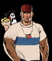  &gt;:( 1boy artist_request billy_(grim_adventures) billy_(grim_adventures)_(cosplay) billy_herrington black_background cosplay crossover death_(entity) female frown gachimuchi grim_(grim_adventures) hat jewelry looking_at_viewer mandy_(grim_adventures) muscular name_connection necklace skeleton source_request the_grim_adventures_of_billy_&amp;_mandy v-shaped_eyebrows what 