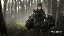  an-94 armor armored_boots assault_rifle blonde_hair boots call_of_duty call_of_duty:_modern_warfare_2 closed_mouth commentary_request day english_text eotech expressionless female forest garrison_cap grass green_hat grey_eyes gun hat holding holding_gun holding_weapon land_striker machinery military military_uniform nature original outdoors parody plant rifle short_hair soldier solo standing striker_unit sunlight tom-neko_(zamudo_akiyuki) tree uniform weapon world_witches_series 