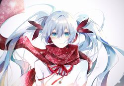  alternate_costume aqua_eyes azure_silan bad_id bad_pixiv_id blue_hair blush coat colored_eyelashes commentary crying crying_with_eyes_open earmuffs female gradient_background hair_between_eyes hair_ribbon hatsune_miku highres long_hair parted_lips print_scarf red_ribbon red_scarf ribbon scarf solo tears twintails upper_body very_long_hair vocaloid white_background white_coat 