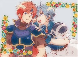  1boy ahoge armor belt blue_armor blue_eyes blue_hair breastplate cape commentary_request eyebrows female fingerless_gloves fire_emblem fire_emblem:_the_binding_blade flat_color floral_background gloves hair_between_eyes highres kiriya_(552260) open_mouth pauldrons red_hair roy_(fire_emblem) shanna_(fire_emblem) short_hair shoulder_armor simple_background smile whispering 