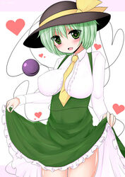  alternate_costume bakko blush breasts commentary_request eyeball female green_eyes green_hair green_skirt hat heart heart-shaped_pupils heart_of_string komeiji_koishi large_breasts long_sleeves necktie open_mouth short_hair skirt smile solo symbol-shaped_pupils third_eye touhou 