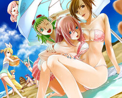  2boys 5girls \m/ angry aqua_hair arm_grab arm_support arm_up arms_up ball banana_boat bare_shoulders barefoot beach beachball bent_over bikini black_eyes blonde_hair blue_eyes blue_nails blush breast_press breasts brown_eyes brown_hair cleavage cloud commentary_request day dutch_angle eyepatch_bikini eyewear_on_head flat_chest green_eyes green_hair gumi hair_ornament hair_ribbon hair_up hairclip hand_on_shoulder happy hatsune_miku holding hug kagamine_len kagamine_rin kamui_gakupo kneeling large_breasts leg_grab legs long_hair looking_at_viewer looking_back megurine_luka meiko_(vocaloid) multiple_boys multiple_girls nail_polish one-piece_swimsuit one_eye_closed open_mouth outdoors parasol pink_hair ponytail project_diva_(series) project_diva_2nd purple_hair red_nails ribbon sand sand_castle sand_sculpture serious short_hair shy sitting skirt sky smile standing strapless summer sunglasses surprised sweat swimsuit swimwear_(module) swimwear_b_(module) swimwear_p_(module) swimwear_t_(module) takoluka towel toyu umbrella very_long_hair vocaloid water wet 