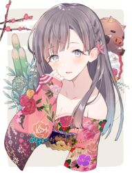  animal bad_id bad_pixiv_id bamboo bare_shoulders blush boar breasts brown_background brown_hair chinese_zodiac cleavage collarbone commentary_request cropped_torso female floral_print flower grey_eyes hair_flower hair_ornament hand_up highres idolmaster idolmaster_cinderella_girls japanese_clothes kadomatsu kimono kobayakawa_sae long_hair looking_at_viewer obi off_shoulder parted_lips partial_commentary pink_flower pink_kimono print_kimono sash small_breasts solo two-tone_background ultone_(neisiss) upper_body white_background year_of_the_pig 