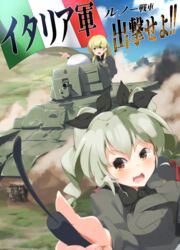  2girls anchovy_(girls_und_panzer) anzio_military_uniform blonde_hair bow brown_hair carpaccio_(girls_und_panzer) commentary_request drill_hair dust_cloud flag gedou_(shigure_seishin) girls_und_panzer green_hair hairbow italian_flag long_hair military military_uniform military_vehicle motor_vehicle multiple_girls pointing r35 riding_crop tank totsugekikouhei translated twin_drills uniform 