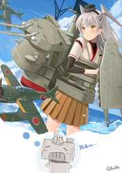  aircraft airplane amatsukaze_(kancolle) bad_id bad_pixiv_id commentary cosplay dreaming e16a_zuiun female highres ise_(kancolle) ise_(kancolle)_(cosplay) kantai_collection long_hair rensouhou-kun retorillo white_hair yellow_eyes 