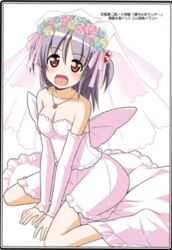  bare_shoulders breasts cleavage collarbone female flower hair_ornament hayate_no_gotoku! medium_breasts necklace open_mouth purple_hair red_eyes segawa_izumi short_hair short_twintails smile solo twintails veil wedding_dress 