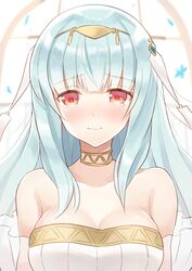  bare_shoulders blue_hair bouquet breasts bridal_veil bride cape commentary_request dress female fire_emblem fire_emblem:_the_blazing_blade fire_emblem_heroes flower formal highres jewelry large_breasts long_hair necklace ninian_(bridal)_(fire_emblem) ninian_(fire_emblem) shiyo_yoyoyo smile tears veil wedding_dress 