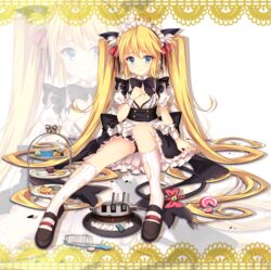  absurdly_long_hair andrea_doria_(warship_girls_r) animal_ears apron bell bendy_straw black_bow black_footwear black_panties black_skirt blonde_hair blue_eyes bow breasts cake candy cannon cat_ears cat_girl cat_tail chinese_commentary closed_mouth commentary cookie cup drink drinking_glass drinking_straw female food frilled_apron frills full_body hair_between_eyes highres jianren jingle_bell kneehighs lollipop long_hair looking_at_viewer maid maid_headdress muffin panties puffy_short_sleeves puffy_sleeves red_bow ribbed_legwear ringlets shirt shoes short_sleeves sidelocks sitting skirt small_breasts socks solo spill swirl_lollipop tail tail_bell tail_bow tail_ornament thick_eyebrows tiered_tray torn_clothes torn_shirt torn_socks turret twintails underwear v-shaped_eyebrows very_long_hair waist_apron warship_girls_r white_apron white_shirt white_socks wrist_cuffs zoom_layer 