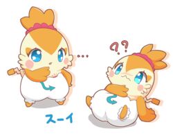  anthro avian blue_eyes blush blush_stickers character_name clothed clothing cocotama ellipsis feathers female hi_res himitsu_no_cocotama japanese_text lying mei_(artist) multiple_poses on_back orange_body orange_feathers pose question_mark semi-anthro simple_background solo spread_legs spreading suei_(cocotama) text white_background 