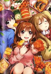  3girls :d apple apple_rabbit apple_slice bacon bento binding_discoloration black_legwear blue_shirt blurry blush bow bowtie box breasts brown_hair brown_sweater cherry_tomato closed_eyes closed_mouth collared_shirt cucumber cucumber_slice cup dango depth_of_field drinking_glass fish fish_(food) food food_art food_in_mouth food_on_face fruit green_tea grey_skirt grilled_fish hair_between_eyes highres holding holding_food kawai_makoto kneehighs koufuku_graffiti leaf legs_together light_brown_hair long_sleeves looking_at_viewer machiko_ryou medium_breasts mitarashi_dango morino_kirin multiple_girls omelet onigiri open_mouth pasta pink_sweater plaid plaid_bow plaid_neckwear pleated_skirt purple_eyes purple_hair red_bow red_bowtie rice salmon sanshoku_dango school_uniform shiina_(koufuku_graffiti) shirt shrimp skirt smile socks spaghetti sushi sweater tako-san_wiener tamagoyaki tea teeth tomato wagashi white_shirt wing_collar 