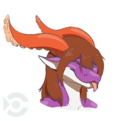  2016 anthro brown_hair bust_portrait dragon hair hi_res horn kalnareff_(character) long_hair male mythological_creature mythological_scalie mythology nude portrait purple_body purple_scales red_horn ryniablackfoxinesory scales scalie simple_background smile solo suction_cup tentacle tongue tongue_out watermark white_background white_body white_scales 