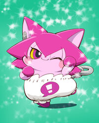  anthro clothed clothing cocotama ear_piercing exclamation_point eyelashes featureless_limbs felid female fur green_background hair hi_res himitsu_no_cocotama looking_at_viewer mammal one_eye_closed piercing pink_body pink_eyes pink_fur pink_hair pose semi-anthro simple_background solo ten_nekosupi wink yurano_(cocotama) 