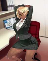  arms_behind_head bad_id bad_pixiv_id blonde_hair breasts business_suit collared_shirt dark-skinned_female dark_skin female formal gyaru high_heels highres jacket jewelry large_breasts lips looking_at_viewer miniskirt necklace office_lady oohara_kyuutarou original pencil_skirt pinstripe_pattern pinstripe_suit shirt short_hair skirt skirt_suit solo striped suit 