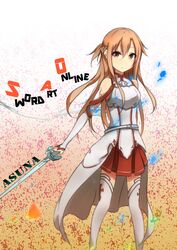  armor asuna_(sao) breastplate brown_eyes brown_hair commentary_request detached_sleeves female highres long_hair pachi_(sugiyama0306) sword sword_art_online thighhighs weapon 