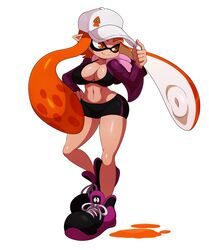  adjusting_clothes adjusting_headwear alternate_breast_size baseball_cap bike_shorts black_shorts blunt_bangs breasts cleavage commentary crop_top english_commentary eric_lowery female full_body hand_on_own_hip hat highres hood hoodie inkling inkling_girl inkling_player_character large_breasts long_hair long_sleeves navel open_clothes open_hoodie orange_eyes orange_hair paint_splatter pointy_ears purple_footwear shoes short_shorts shorts single_vertical_stripe smile sneakers solo splatoon_(series) splatoon_1 standing tentacle_hair white_background 