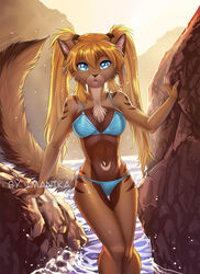  5_fingers anthro beach bikini blonde_hair blue_eyes breasts brown_body brown_fur clothing detailed_background digital_media_(artwork) domestic_cat eyelashes felid feline felis female fingers fur hair imanika mammal midriff navel sahara_(skimike) sea seaside shaded solo swimwear water wide_hips 