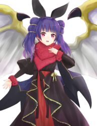  alternate_costume animal_ears black_dress blush commentary dragon_girl dragon_wings dress female fire_emblem fire_emblem:_the_sacred_stones fire_emblem_heroes highres kosode_(syakoto) long_dress looking_at_viewer multi-tied_hair myrrh_(fire_emblem) myrrh_(halloween)_(fire_emblem) open_mouth purple_eyes purple_hair rabbit_ears solo twintails white_background wings 