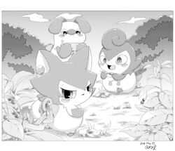  2018 ambiguous_gender anthro blush canid canine clothed clothing cloud cocotama felid grass group himitsu_no_cocotama mammal monochrome mukitetsu_(cocotama) open_mouth outside plant semi-anthro signature tokumaru_(cocotama) tongue yurano_(cocotama) zeru_(ma) 