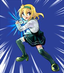  147 blonde_hair blue_eyes commentary_request crown female green_thighhighs hairband high_heels inazuma_eleven_(series) inazuma_eleven_go long_hair mini_crown nakame_shiori open_mouth skirt solo thighhighs zettai_ryouiki 