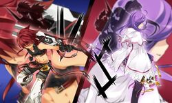  1boy aisha_landar ara_haan bad_id bad_pixiv_id black_legwear blue_background chung_seiker coat elemental_master_(elsword) elsword elsword_(character) eve_(elsword) female glowing glowing_eyes hair_over_eyes highres long_hair midriff pants purple_hair raven_cronwell red_background red_hair rena_erindel reverse_grip rune_slayer_(elsword) serious silhouette smile split_screen sword thighhighs vilor vs weapon zoom_layer 