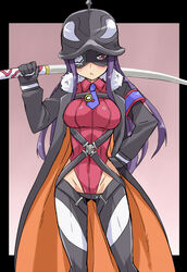  :&lt; bad_id bad_pixiv_id belt black_hair chicago-x coat commentary_request eyepatch female fur_trim gloves helmet highleg highleg_leotard katana leotard long_hair long_sleeves lowleg lowleg_pants mask necktie pants pickelhaube plamja-sama red_eyes red_leotard sekai_seifuku:_bouryaku_no_zvezda shikabane_itsuka solo sword weapon 