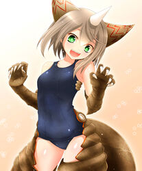  animal_ears blush claws commentary_request female gomora green_eyes highres horns one-piece_swimsuit personification photoshop_(medium) school_swimsuit short_hair silver_hair single_horn smile swimsuit tail ultra_kaijuu_gijinka_keikaku ultra_series ultraman_(1st_series) watarui 