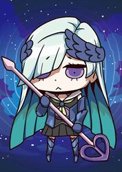  april_fools blue_hair brynhildr_(fate) brynhildr_romantia chibi fate/grand_order fate/prototype fate/prototype:_fragments_of_blue_and_silver fate_(series) female grey_hair headpiece long_hair official_art polearm purple_eyes riyo_(lyomsnpmp) solo weapon 