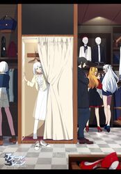  1boy 4girls admiral_hipper_(azur_lane) alternate_costume antenna_hair azur_lane black_hair blonde_hair blue_eyes blue_footwear brown_footwear clothes_hanger commander_(azur_lane) commentary_request crossed_arms curtain_grab curtains dated denim denim_shorts earrings fitting_room hair_between_eyes hair_ribbon hand_on_own_hip high_heels highres jeans jewelry karlsruhe_(azur_lane) long_hair mugino_kouji multiple_girls open_mouth pants pantyhose ponytail prinz_eugen_(azur_lane) red_eyes red_footwear red_ribbon ribbon scrunchie shoes shorts sunglasses tirpitz_(azur_lane) trying_on_clothes two_side_up unworn_shoes watermark white_footwear white_hair white_pantyhose 