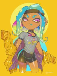  bike_shorts blue_hair blue_tongue choker collarbone colored_tongue cropped_legs dark-skinned_female dark_skin earbuds earphones female grey_shirt highres licking_lips looking_at_viewer octoling octoling_girl octoling_player_character orange_background orange_sweater pink_eyes shirt signature solo splatoon_(series) splatoon_2 sweater tentacle_hair tongue tongue_out yasaikakiage 