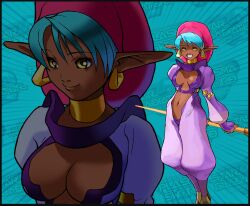  bengus blue_background blue_hair breasts copyright_name dark-skinned_female dark_skin earrings female gloves grin hat holding holding_staff jewelry large_breasts long_pointy_ears looking_at_viewer luca_(star_gladiator) multiple_views navel non-web_source official_art photoshop_(medium) pointy_ears purple_gloves short_hair smile staff star_gladiator 