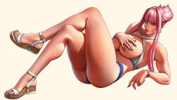  alternate_costume artist_name azuma_yasuo blue_eyes blue_nails bracelet breasts commission covering_breasts covering_privates earrings english_commentary female flipped_hair highres jewelry large_breasts manon_legrand pink_hair sandals short_hair_with_long_locks sidelocks simple_background solo street_fighter street_fighter_6 watch wristwatch 