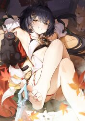  absurdres armpits barefoot black_cat black_hair breasts chinese_clothes clothing_cutout crossed_legs dress feet feline female hair_ornament highres holding_with_feet honkai:_star_rail honkai_(series) long_hair looking_at_viewer lying nail_polish nyun on_back panties small_breasts smile soles stomach_cutout toenail_polish toenails toes underwear white_cat white_dress white_panties yellow_eyes yunli_(honkai:_star_rail) 