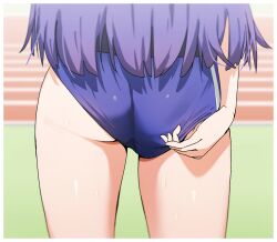  adjusting_buruma adjusting_clothes ass ass_focus black_shirt blue_archive blue_buruma blue_hair buruma female from_behind gym_uniform hage_(subhage1) highres long_hair lower_body outdoors running_track shirt solo sweat thighs track_and_field yuuka_(blue_archive) yuuka_(track)_(blue_archive) 