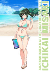  aqua_bikini beach bikini black_hair blue_sky breasts cloud commentary_request day female front-tie_bikini_top front-tie_top full_body glasses green_eyes highres horizon ichikai_misaki_(soranokakera01) large_breasts long_hair ocean original outdoors ponytail sandals side-tie_bikini_bottom sky solo soranokakera01 striped_bikini striped_clothes swimsuit tablet_pc thigh_gap 