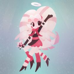  4_legs angel angel_dust anthro arachnid arthropod clothed clothing dress female halo hazbin_hotel ketsuusagi lineless molly_(hazbin_hotel) plushie smile solo spider 