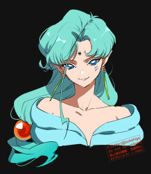  1boy androgynous bishoujo_senshi_sailor_moon blue_eyes blue_hair collarbone cropped_torso earrings facial_mark fish_eye_(sailor_moon) forehead_jewel grey_background hair_bobbles hair_ornament jewelry long_hair loose_hair_strand parted_lips pointy_ears simple_background sukehige twitter_username 