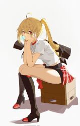  ahoge black_footwear black_shorts blonde_hair boots bsssbass chewing_gum expressionless female full_body hair_between_eyes hashtag-only_commentary highres long_hair looking_at_viewer luciana_de_montefio red_eyes shadow shirt short_shorts short_sleeves shorts side_ponytail sidelocks simple_background sitting solo white_shirt zenless_zone_zero 