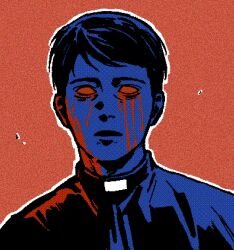  1boy bad_end blood blood_from_eyes blood_on_face blue_skin body_horror collared_shirt colored_skin commentary faith_(game) film_grain highres john_ward male_focus neunnaek no_pupils open_mouth priest red_background red_eyes shirt short_hair solo symbol-only_commentary upper_body 