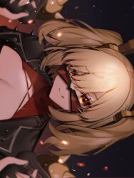  6ta6tam :q black_background black_jacket blonde_hair burnice_white female hands_up highres holding_flamethrower jacket light_particles looking_at_viewer portrait red-tinted_eyewear red_eyes sideways solo spiked_jacket tinted_eyewear tongue tongue_out two_side_up zenless_zone_zero 