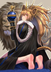  aiguillette animal_ears arknights barefoot black_cape black_gloves blonde_hair cape commentary_request crown female from_behind gloves highres kneeling lion lion_ears lion_girl lion_tail long_hair looking_at_viewer looking_back ponytail siege_(arknights) soles solo tail toes vambraces vina_victoria_(arknights) yamauchi_(conan-comy) yellow_eyes 