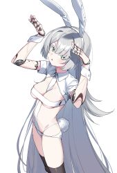  absurdres animal_ears breasts cleavage controlline3 fake_animal_ears female green_eyes grey_hair hairband highres joints long_hair looking_at_viewer mechanical_arms medium_breasts original parted_lips rabbit_ears rabbit_pose rabbit_tail revealing_clothes robot_joints simple_background solo tail thighhighs very_long_hair white_background wrist_cuffs 