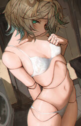  absurdres alternate_costume arm_behind_back blush bra breasts cecilia_immergreen cowboy_shot doll_joints dutch_angle female green_eyes green_hair hand_on_own_chest highres hololive hololive_english indoors joints looking_at_viewer multicolored_hair naokomama navel panties short_hair small_breasts solo streaked_hair tile_floor tiles underwear virtual_youtuber washing_machine white_bra white_hair white_panties winding_key 