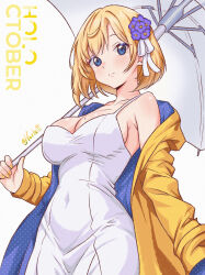  absurdres alternate_costume blonde_hair blue_eyes breasts closed_mouth coat commentary covered_navel cowboy_shot dress english_commentary female fingernails flower hair_flower hair_ornament hair_ribbon highres holding holding_umbrella hololive hololive_english large_breasts long_sleeves looking_at_viewer mole mole_on_breast nail_polish off_shoulder open_clothes open_coat purple_coat purple_hair raincoat ribbon short_hair sleeveless sleeveless_dress solo spaghetti_strap standing sundress twitter_username two-sided_coat two-sided_fabric umbrella umbrella_over_shoulder varliet violet_(ninomae_ina&#039;nis) virtual_youtuber watson_amelia white_background white_dress white_ribbon yellow_coat yellow_nails yellow_raincoat 